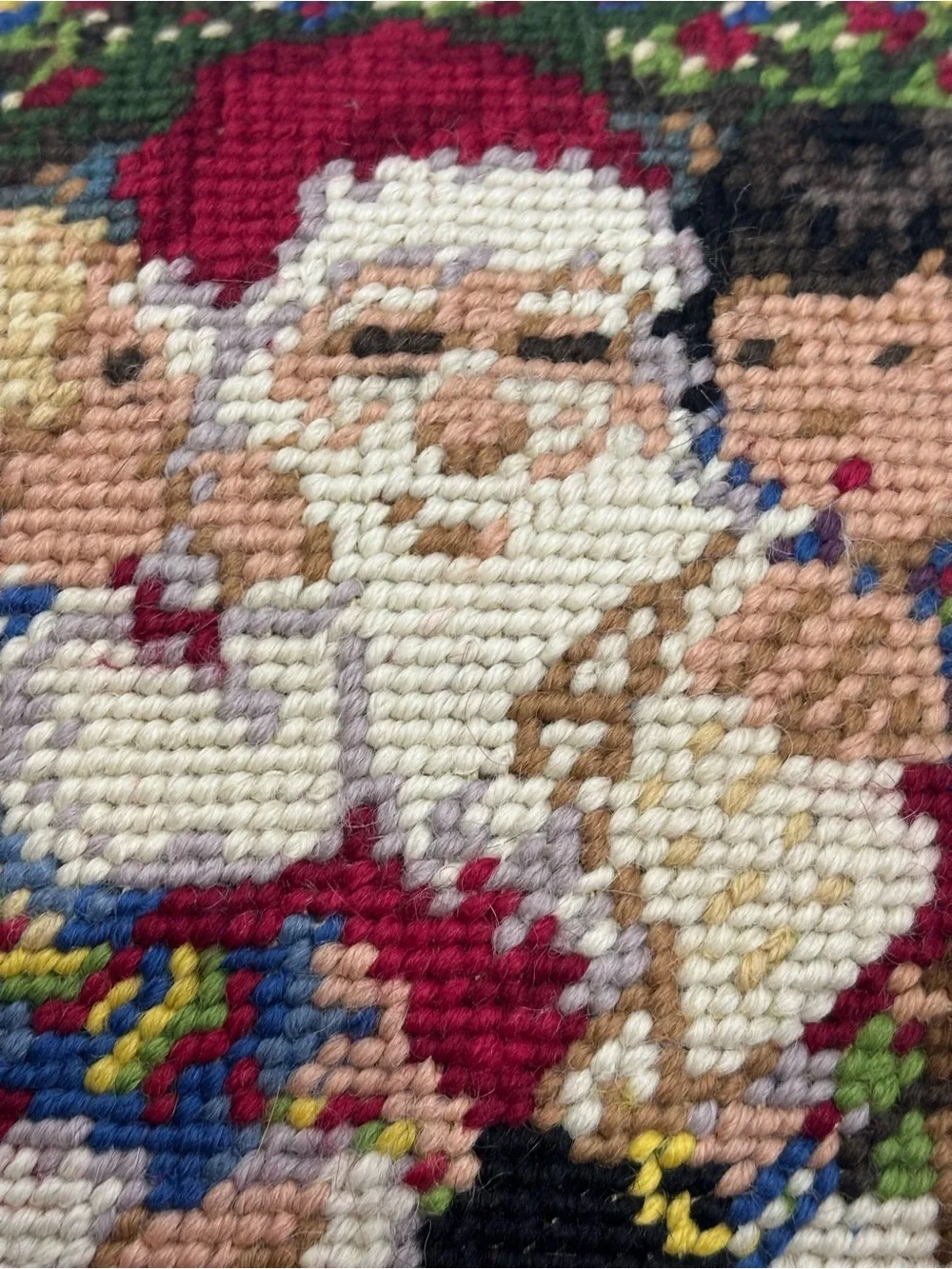 Vtg Christmas Needlepoint Santa & Children Pillow 9x9 Velvet Back cottagecore